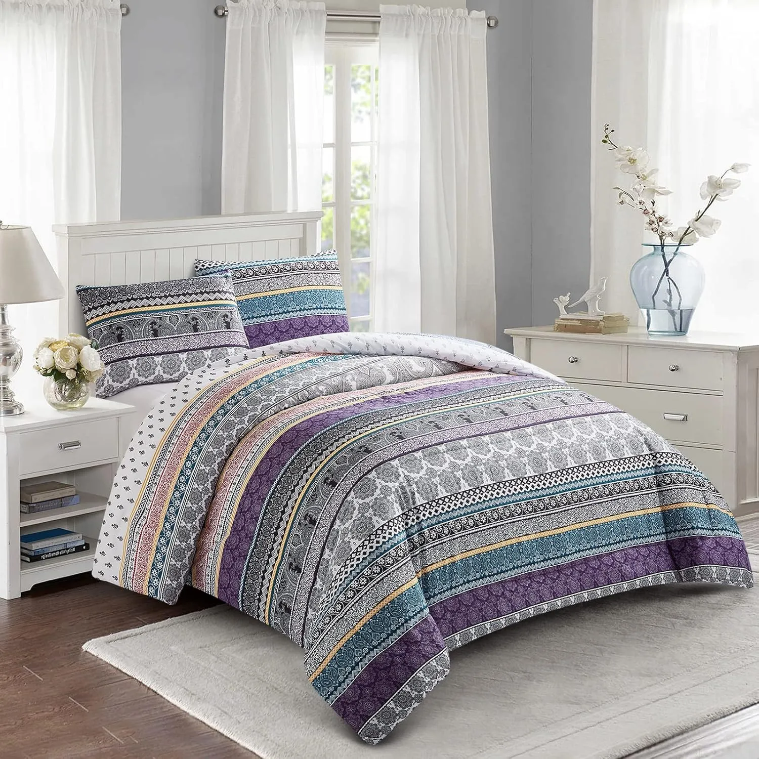 Boho Comforter Set Queen Size, 3 Pieces All Season Reversible Bohemian Comforter Set,Soft Microfiber Bedding Set, Modern Pattern Purple Comforter with 2 Pillow Shams (90x90inches)