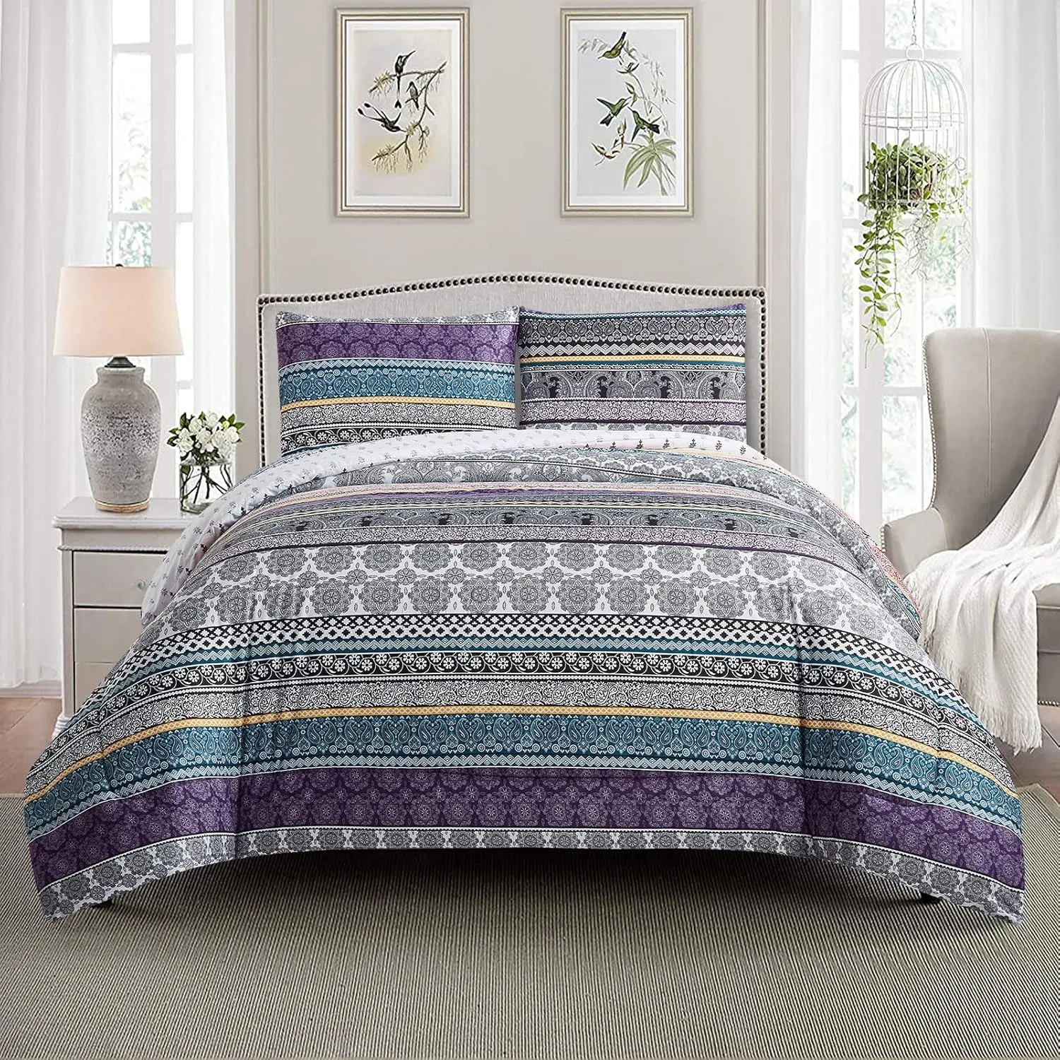 Boho Comforter Set Queen Size, 3 Pieces All Season Reversible Bohemian Comforter Set,Soft Microfiber Bedding Set, Modern Pattern Purple Comforter with 2 Pillow Shams (90x90inches)