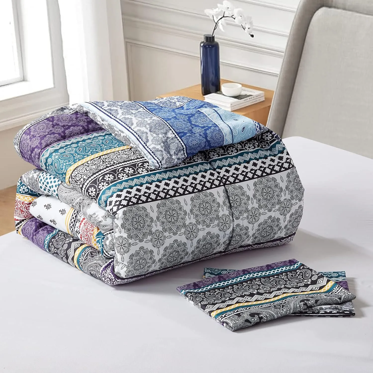 Boho Comforter Set Queen Size, 3 Pieces All Season Reversible Bohemian Comforter Set,Soft Microfiber Bedding Set, Modern Pattern Purple Comforter with 2 Pillow Shams (90x90inches)