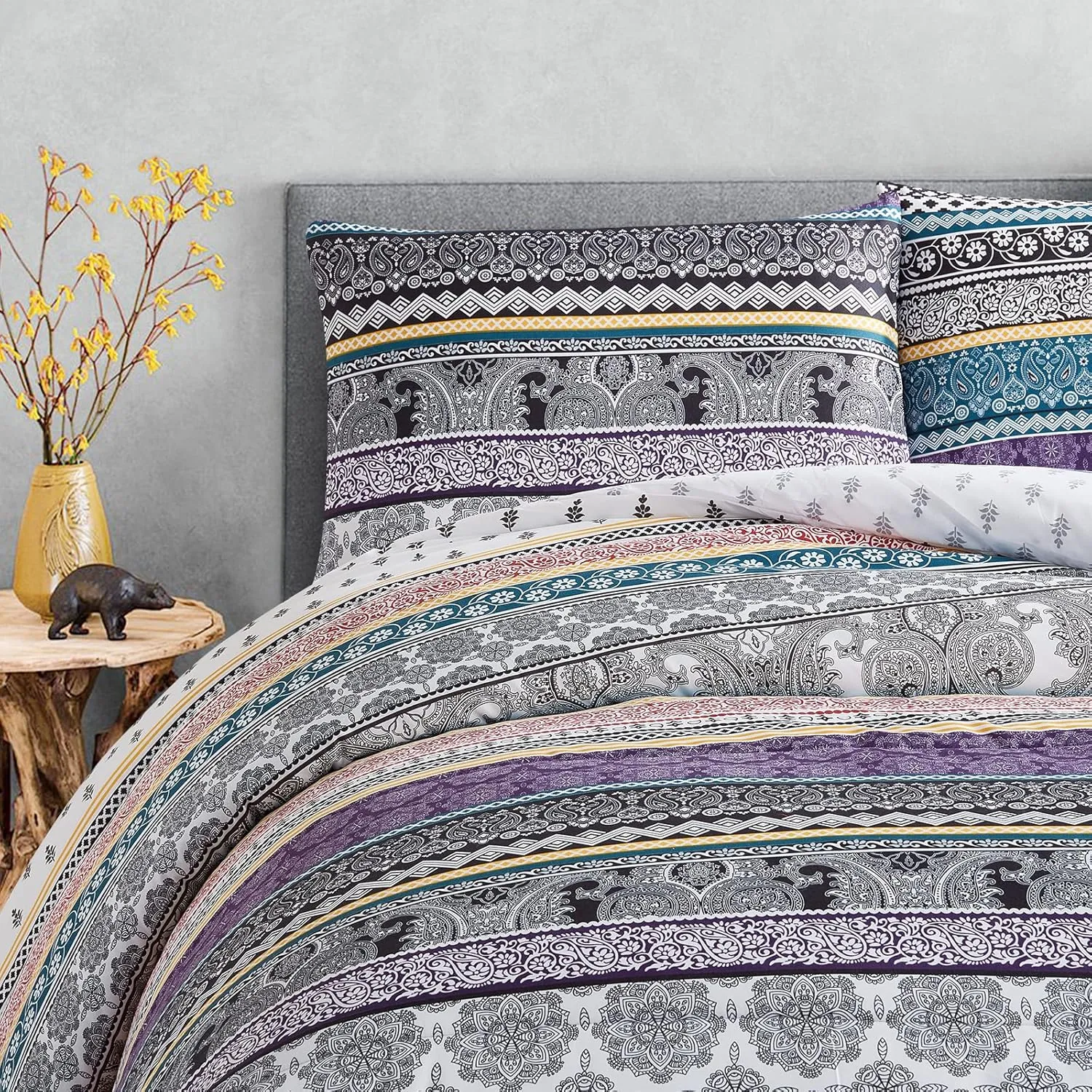 Boho Comforter Set Queen Size, 3 Pieces All Season Reversible Bohemian Comforter Set,Soft Microfiber Bedding Set, Modern Pattern Purple Comforter with 2 Pillow Shams (90x90inches)