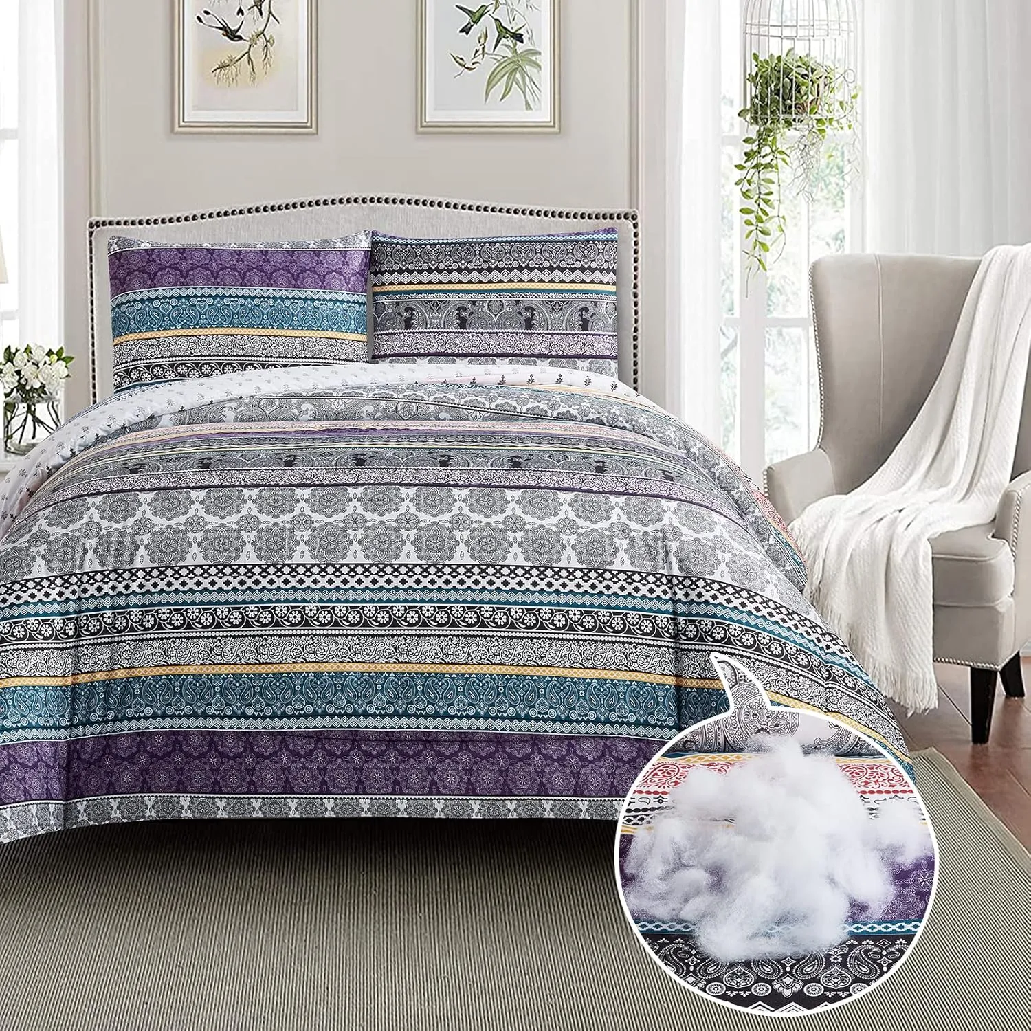 Boho Comforter Set Queen Size, 3 Pieces All Season Reversible Bohemian Comforter Set,Soft Microfiber Bedding Set, Modern Pattern Purple Comforter with 2 Pillow Shams (90x90inches)