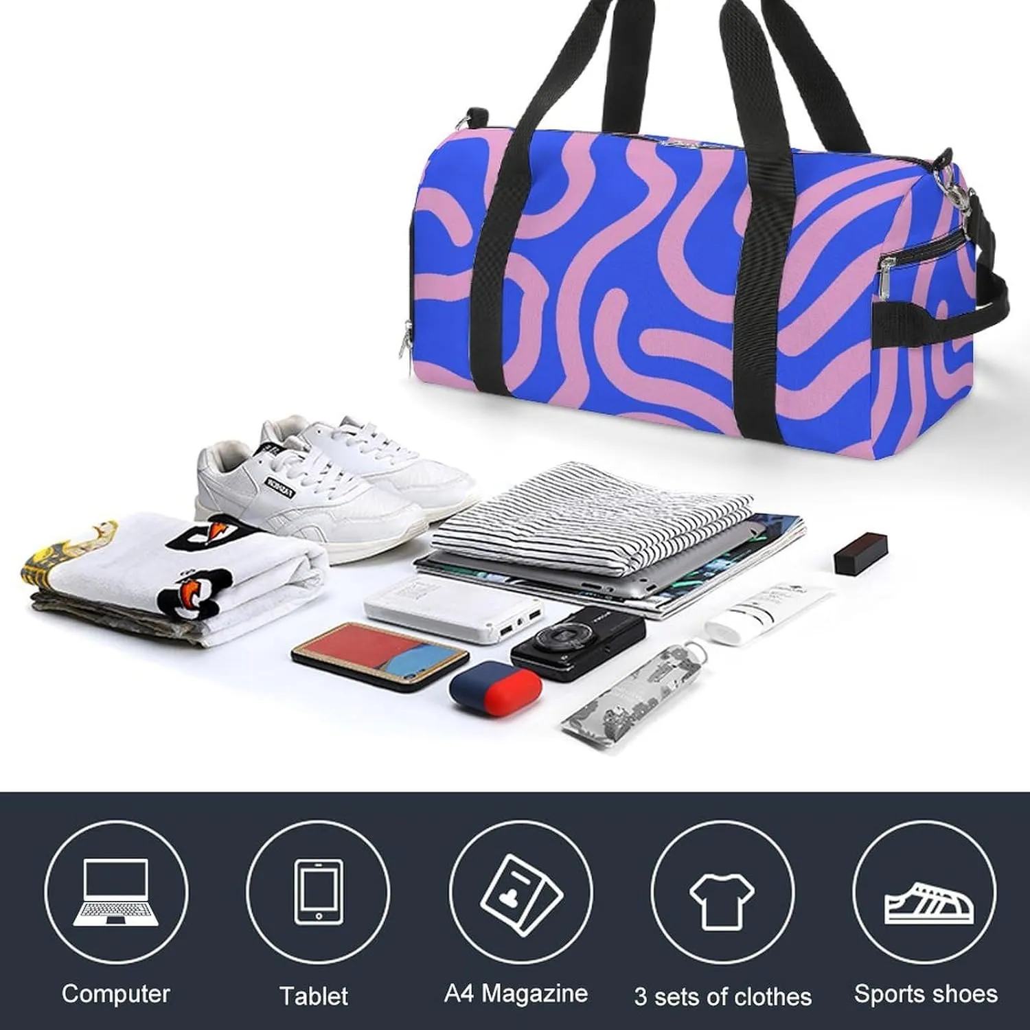 Bright Curved Lines Fitness Large Gym Bag for Unisex with Shoe Compartment & Wet Pocket