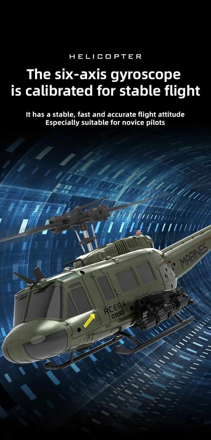C032 UH-1 Huey RC Helicopter Toys for Adults, 1/48 Scale 2.4G 6CH RC Brushless Flybarless Helicopter, 6-Axis Gyro Aircraft Model with Altitude Hold & Optical Flow Positioning - 3 Battery