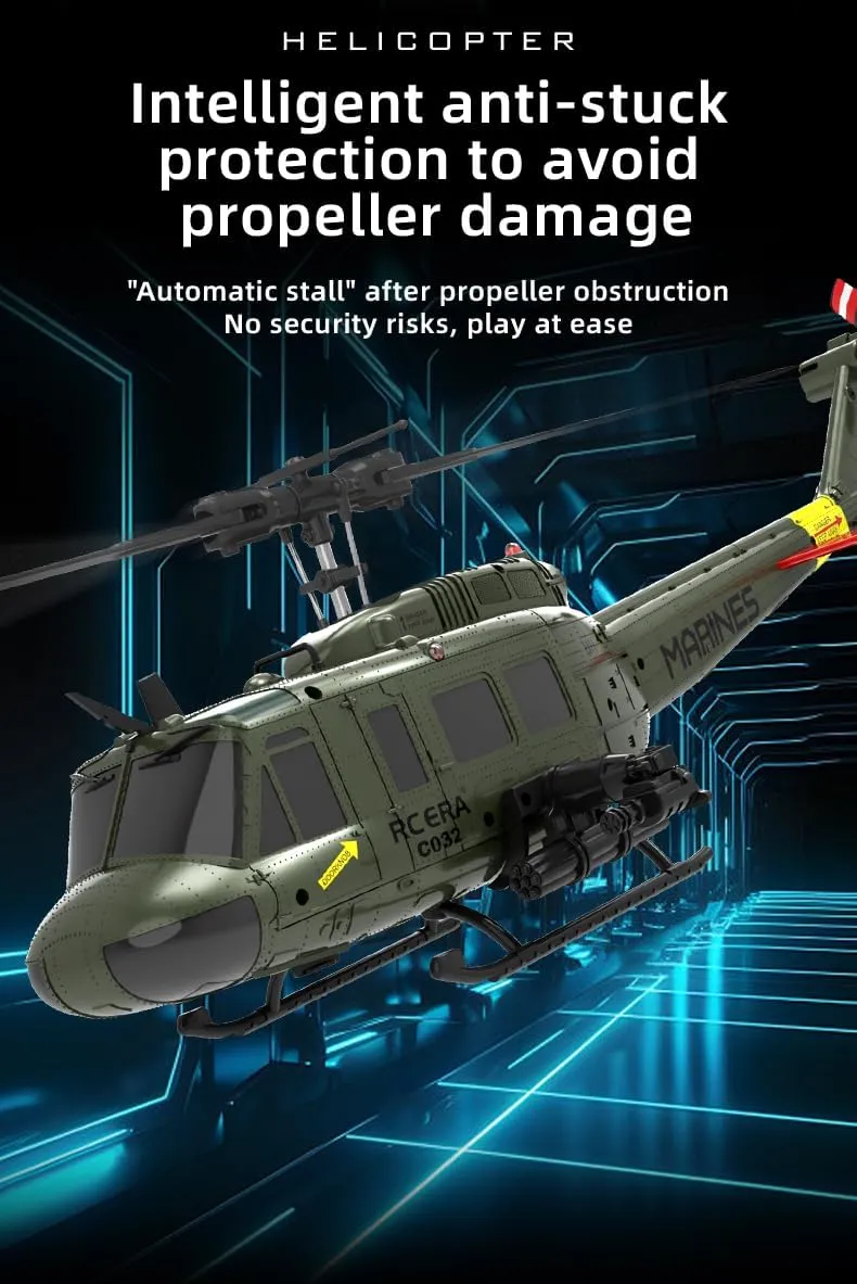 C032 UH-1 Huey RC Helicopter Toys for Adults, 1/48 Scale 2.4G 6CH RC Brushless Flybarless Helicopter, 6-Axis Gyro Aircraft Model with Altitude Hold & Optical Flow Positioning - 3 Battery