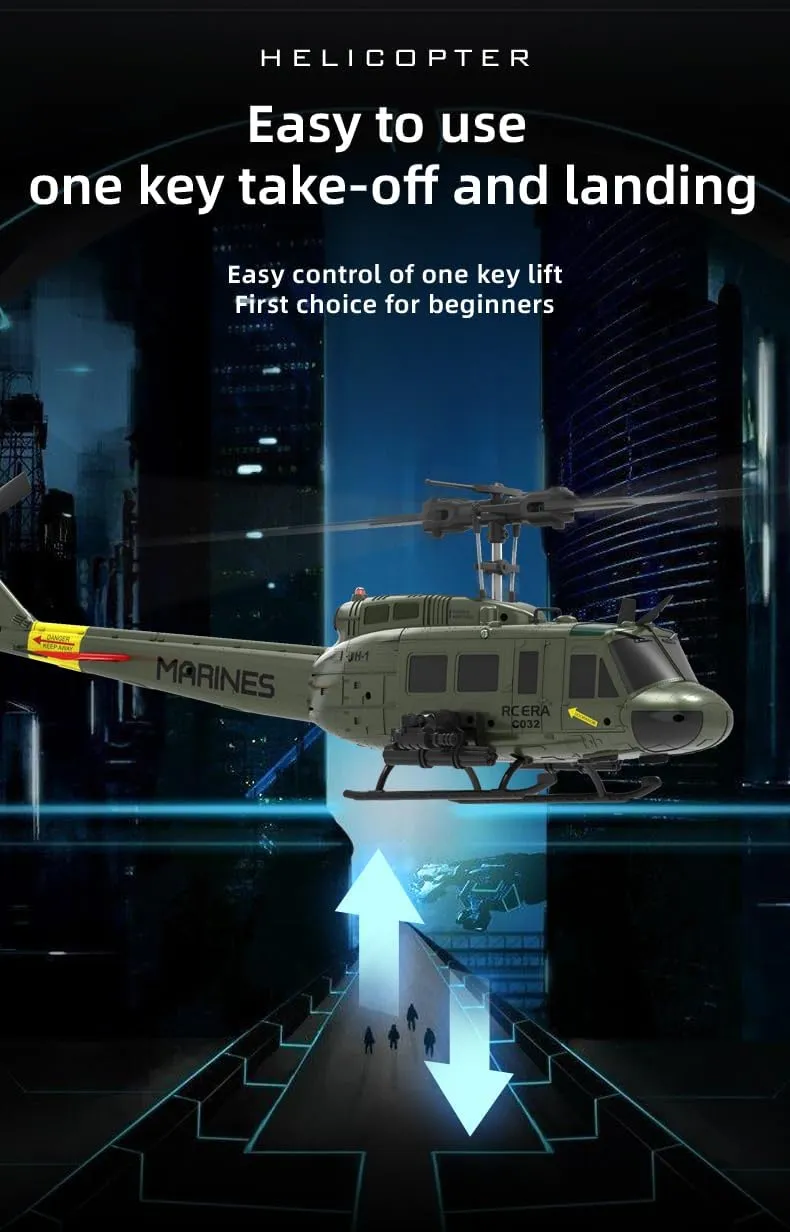 C032 UH-1 Huey RC Helicopter Toys for Adults, 1/48 Scale 2.4G 6CH RC Brushless Flybarless Helicopter, 6-Axis Gyro Aircraft Model with Altitude Hold & Optical Flow Positioning - 3 Battery