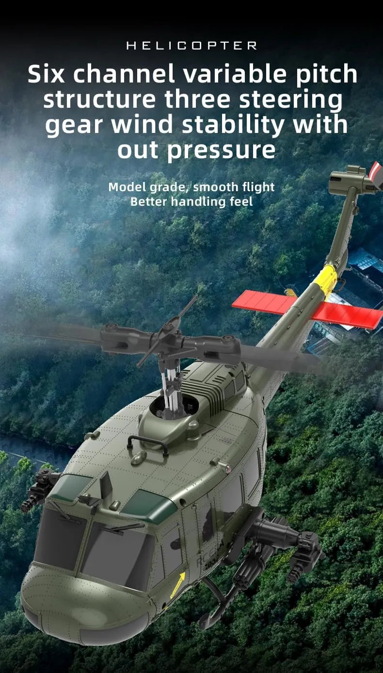 C032 UH-1 Huey RC Helicopter Toys for Adults, 1/48 Scale 2.4G 6CH RC Brushless Flybarless Helicopter, 6-Axis Gyro Aircraft Model with Altitude Hold & Optical Flow Positioning - 3 Battery