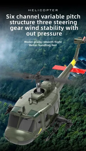 C032 UH-1 Huey RC Helicopter Toys for Adults, 1/48 Scale 2.4G 6CH RC Brushless Flybarless Helicopter, 6-Axis Gyro Aircraft Model with Altitude Hold & Optical Flow Positioning - 3 Battery
