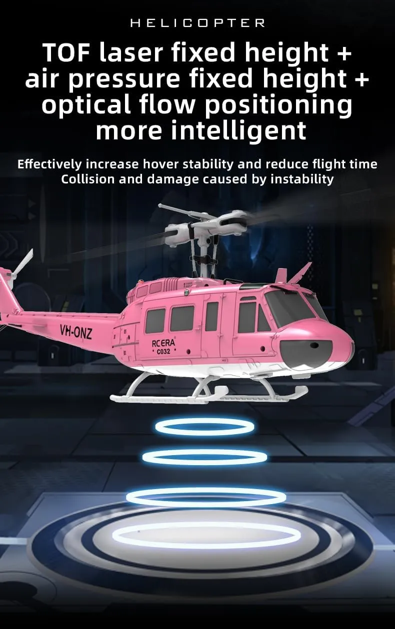 C032 UH-1 Huey RC Helicopter Toys for Adults, 1/48 Scale 2.4G 6CH RC Brushless Flybarless Helicopter, 6-Axis Gyro Aircraft Model with Altitude Hold & Optical Flow Positioning - 3 Battery