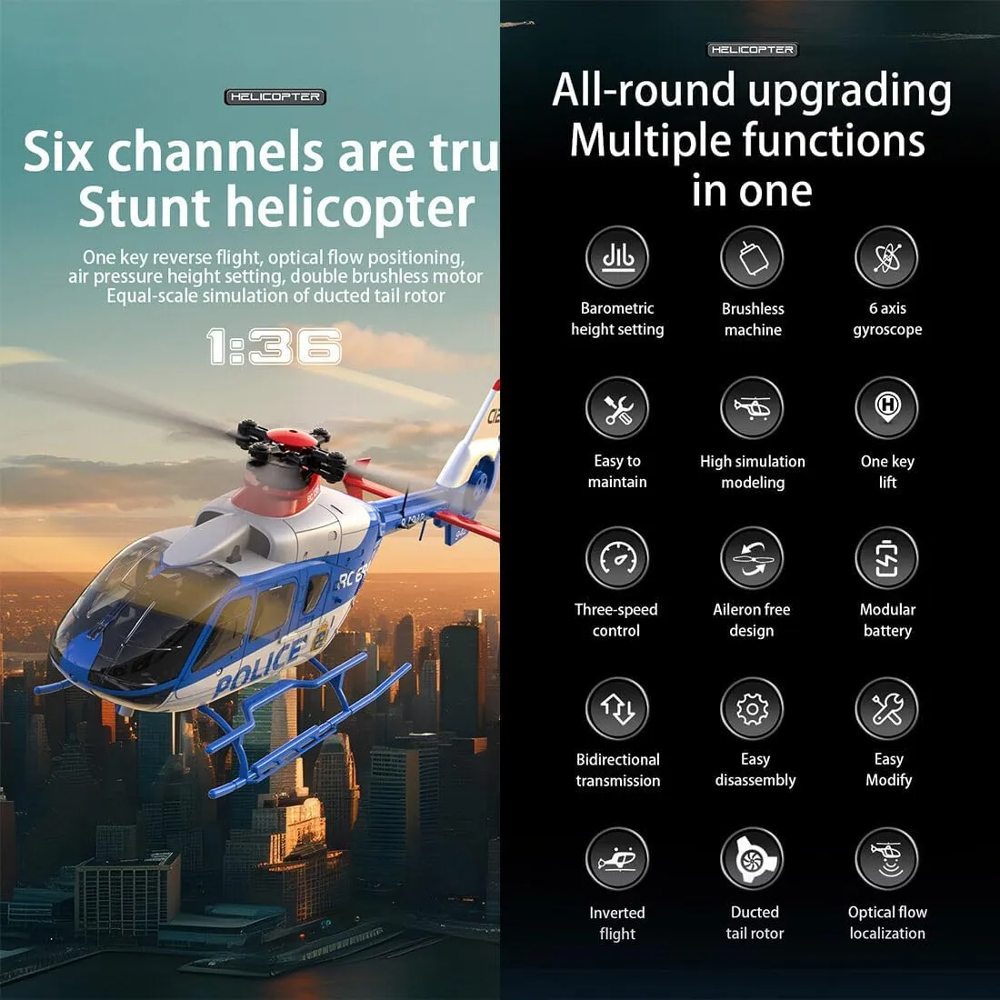 C123 EC135 RC Helicopter for Adults, 1/36 2.4G 6CH Single-Rotor Gyroscopic Flying Aircraft Model with 3D Flip, Inverted Flight, Altitude Hold, One Key Take Off/Landing（Blue White