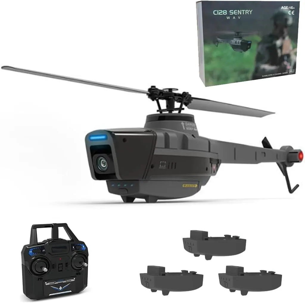 C128 RC Helicopter, 2.4G 4CH Remote Control Helicopter Add Optical Flow Positioning, Single-Rotor Military Aircraft Model with 1080P Camera