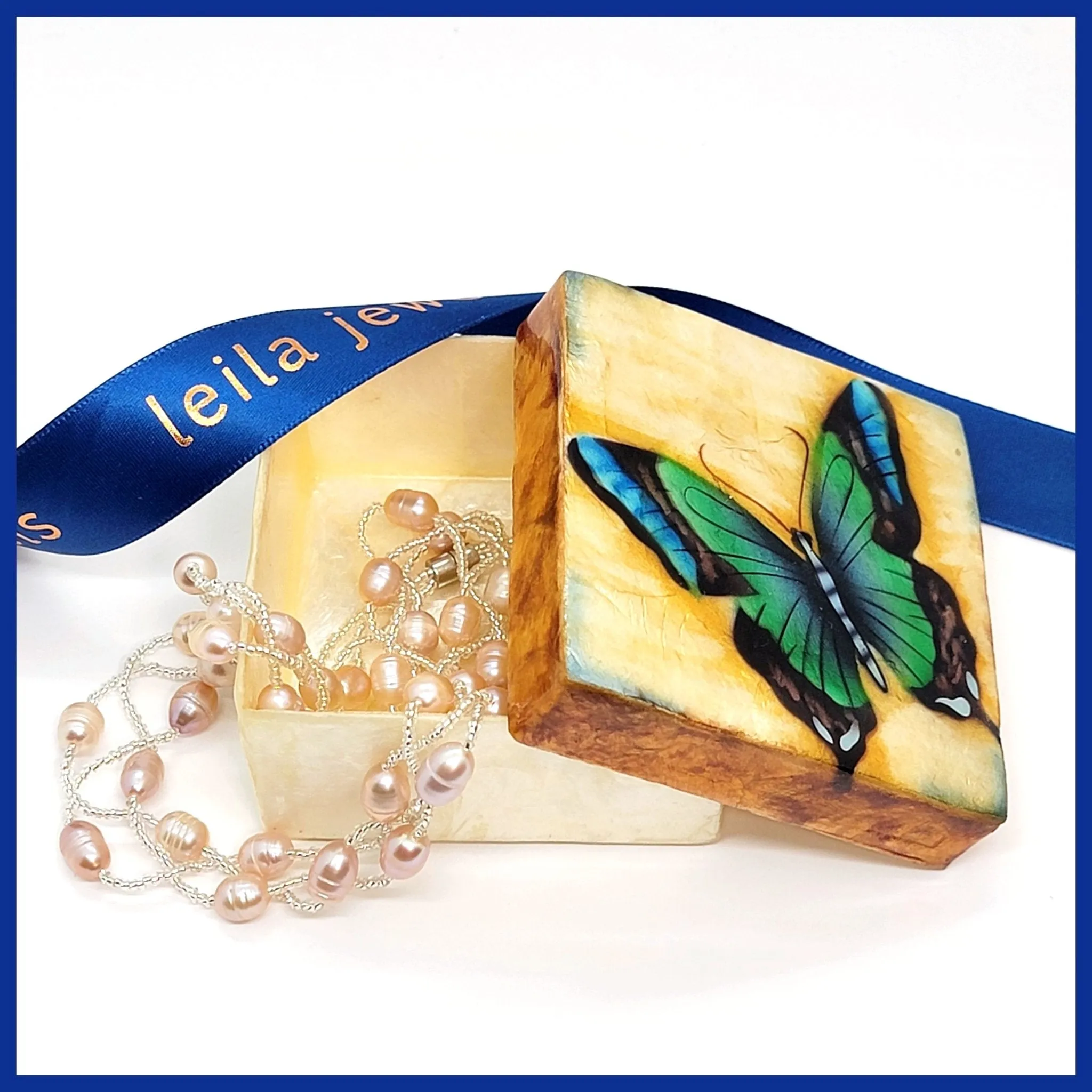 Capiz Shell Painted Trinket Box - Blue Butterfly