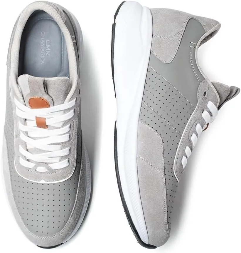 CHAMARIPA Hidden Heel Premium Leather Height Increase Low-Top Skate Shoes Men's Invisible Height Increasing Elevator Casual Fashion Sneaker
