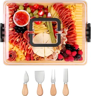 Charcuterie Board with Lid and Handle - Portable Travel Design Bamboo Cheese Board Set with 4 Cheese Tools, Gift for Housewarming, Weddings, Picnics (8 Compartments, Black)