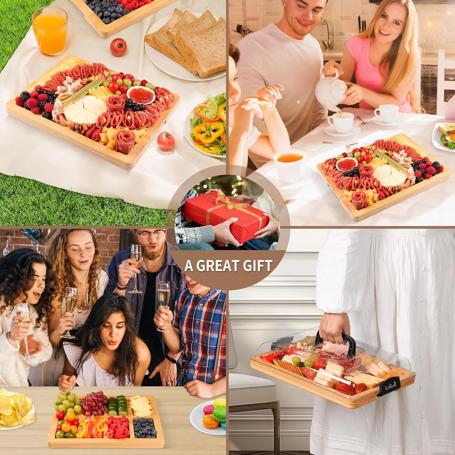 Charcuterie Board with Lid and Handle - Portable Travel Design Bamboo Cheese Board Set with 4 Cheese Tools, Gift for Housewarming, Weddings, Picnics (8 Compartments, Black)