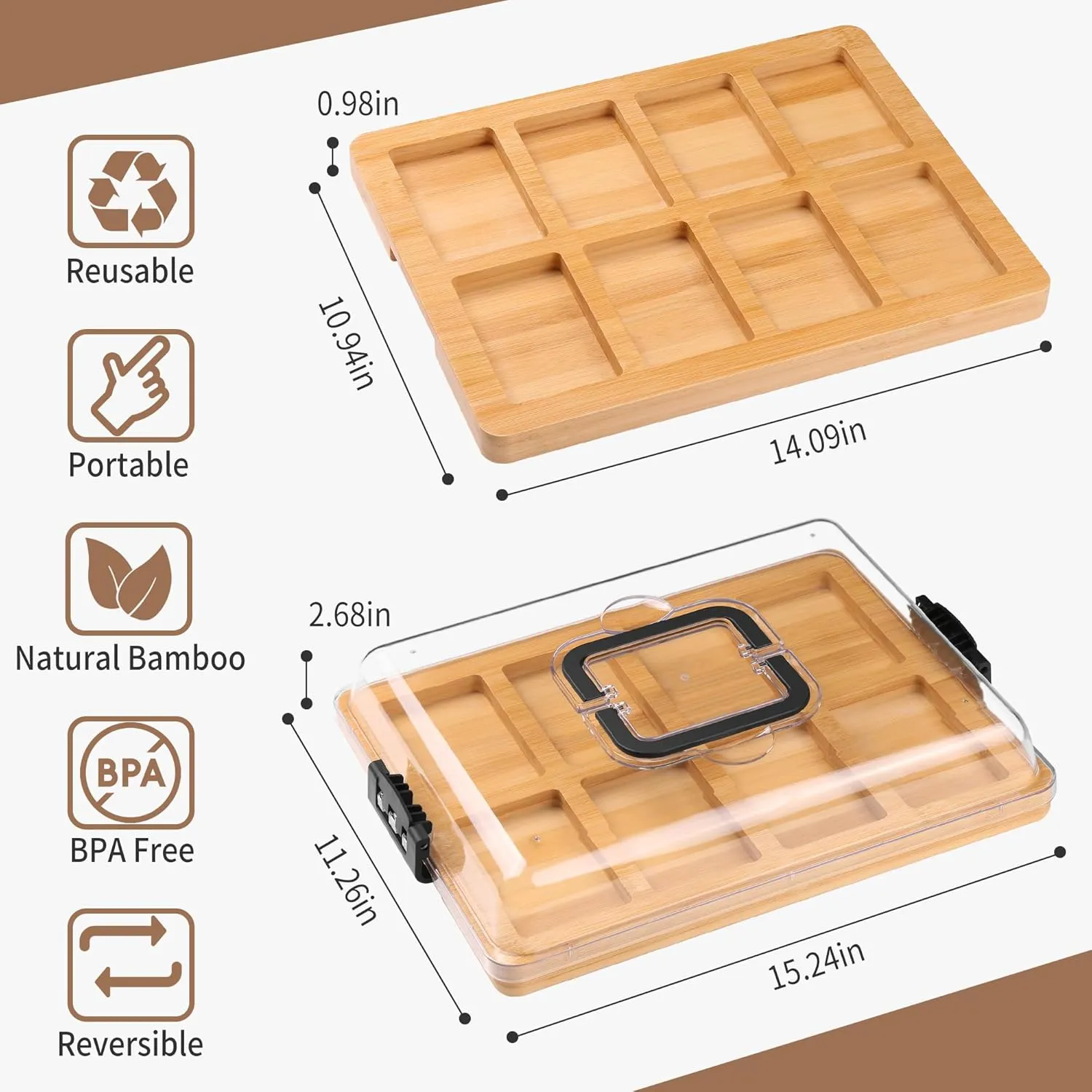 Charcuterie Board with Lid and Handle - Portable Travel Design Bamboo Cheese Board Set with 4 Cheese Tools, Gift for Housewarming, Weddings, Picnics (8 Compartments, Black)