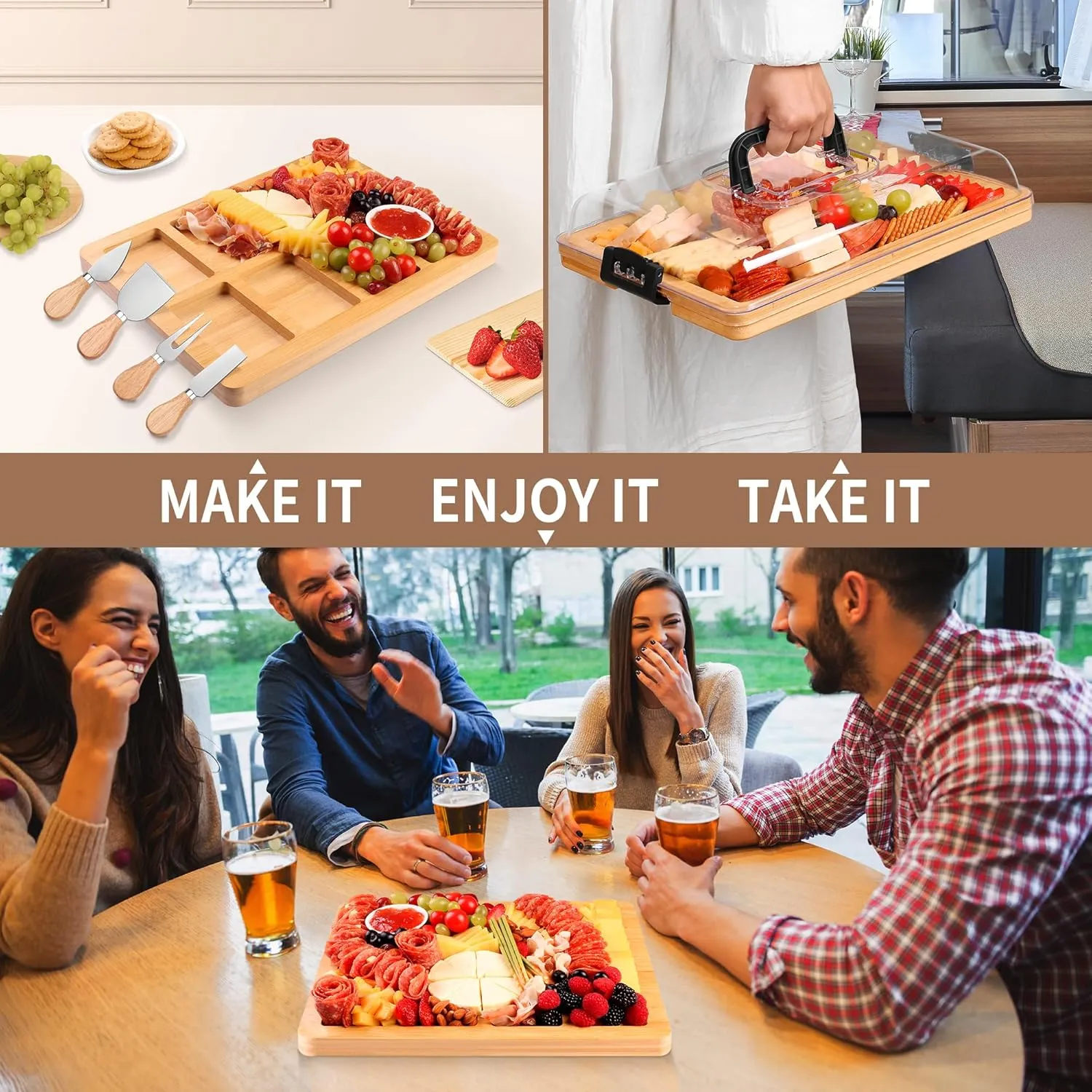 Charcuterie Board with Lid and Handle - Portable Travel Design Bamboo Cheese Board Set with 4 Cheese Tools, Gift for Housewarming, Weddings, Picnics (8 Compartments, Black)