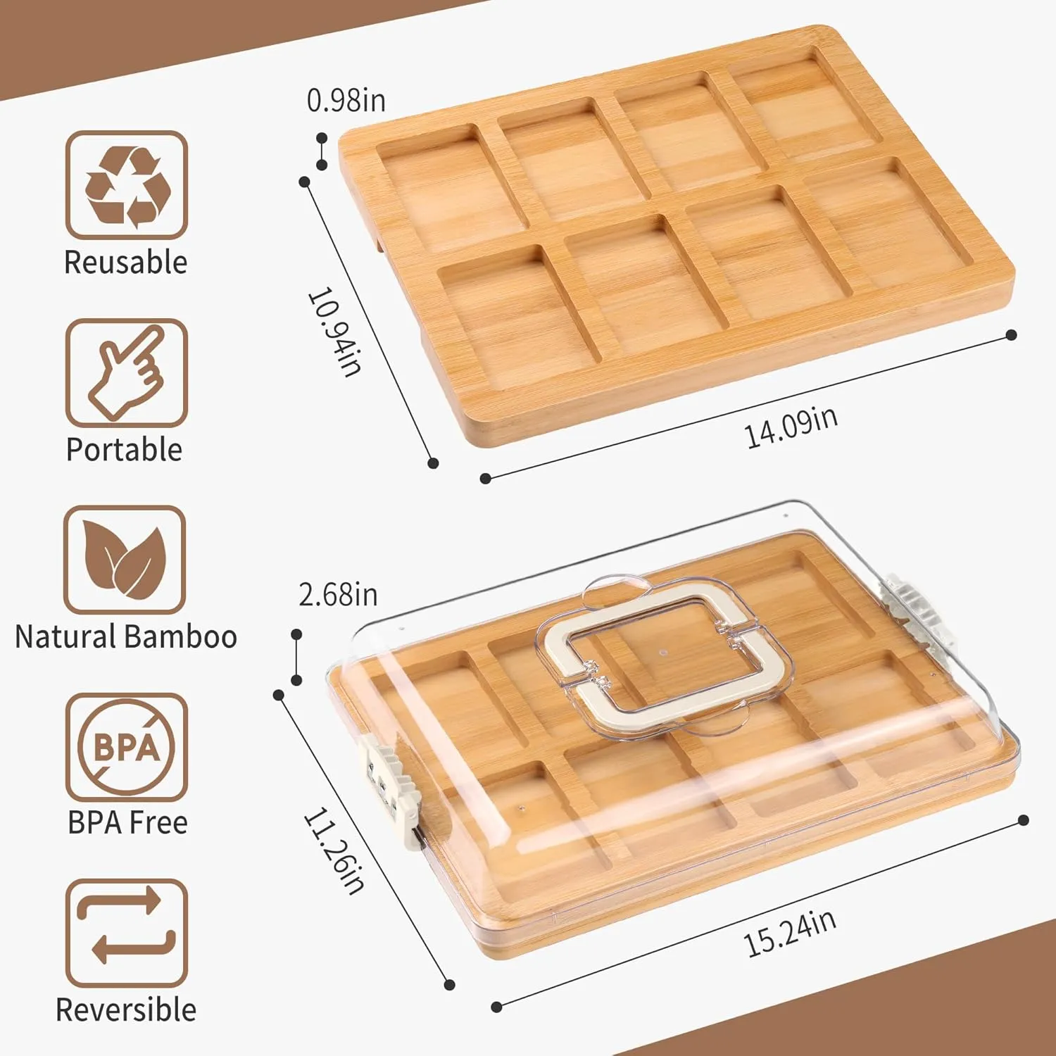 Charcuterie Board with Lid and Handle - Portable Travel Design Bamboo Cheese Board Set with 4 Cheese Tools, Gift for Housewarming, Weddings, Picnics(8 Compartments, White)