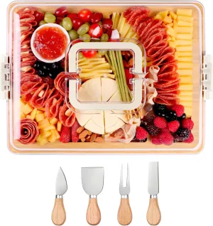 Charcuterie Board with Lid and Handle - Portable Travel Design Bamboo Cheese Board Set with 4 Cheese Tools, Gift for Housewarming, Weddings, Picnics(8 Compartments, White)