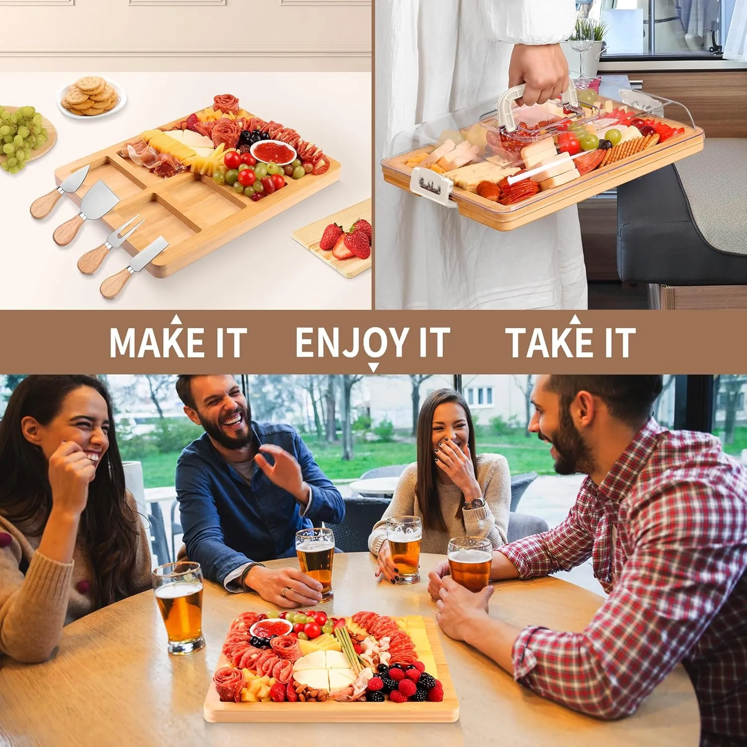 Charcuterie Board with Lid and Handle - Portable Travel Design Bamboo Cheese Board Set with 4 Cheese Tools, Gift for Housewarming, Weddings, Picnics(8 Compartments, White)