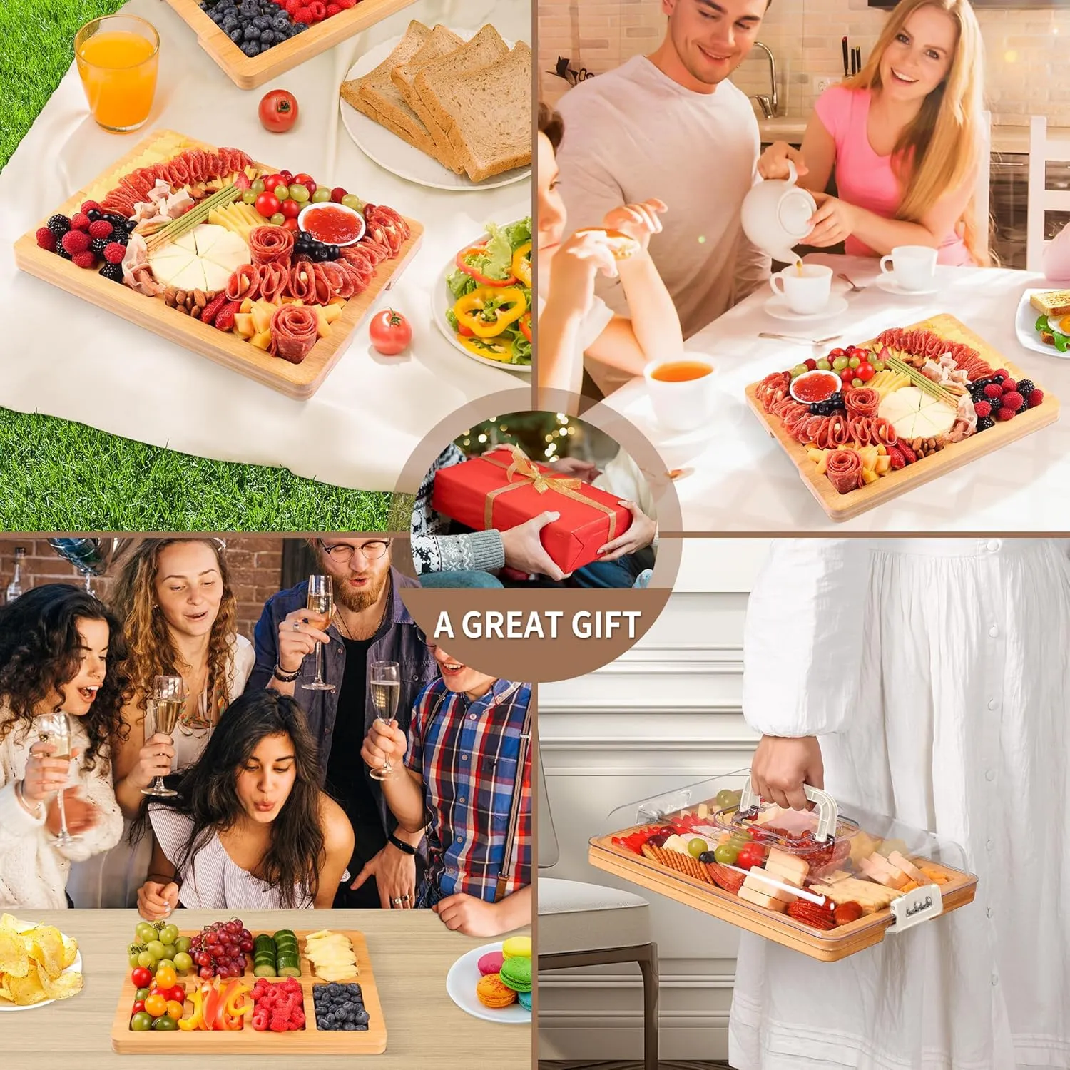 Charcuterie Board with Lid and Handle - Portable Travel Design Bamboo Cheese Board Set with 4 Cheese Tools, Gift for Housewarming, Weddings, Picnics(8 Compartments, White)