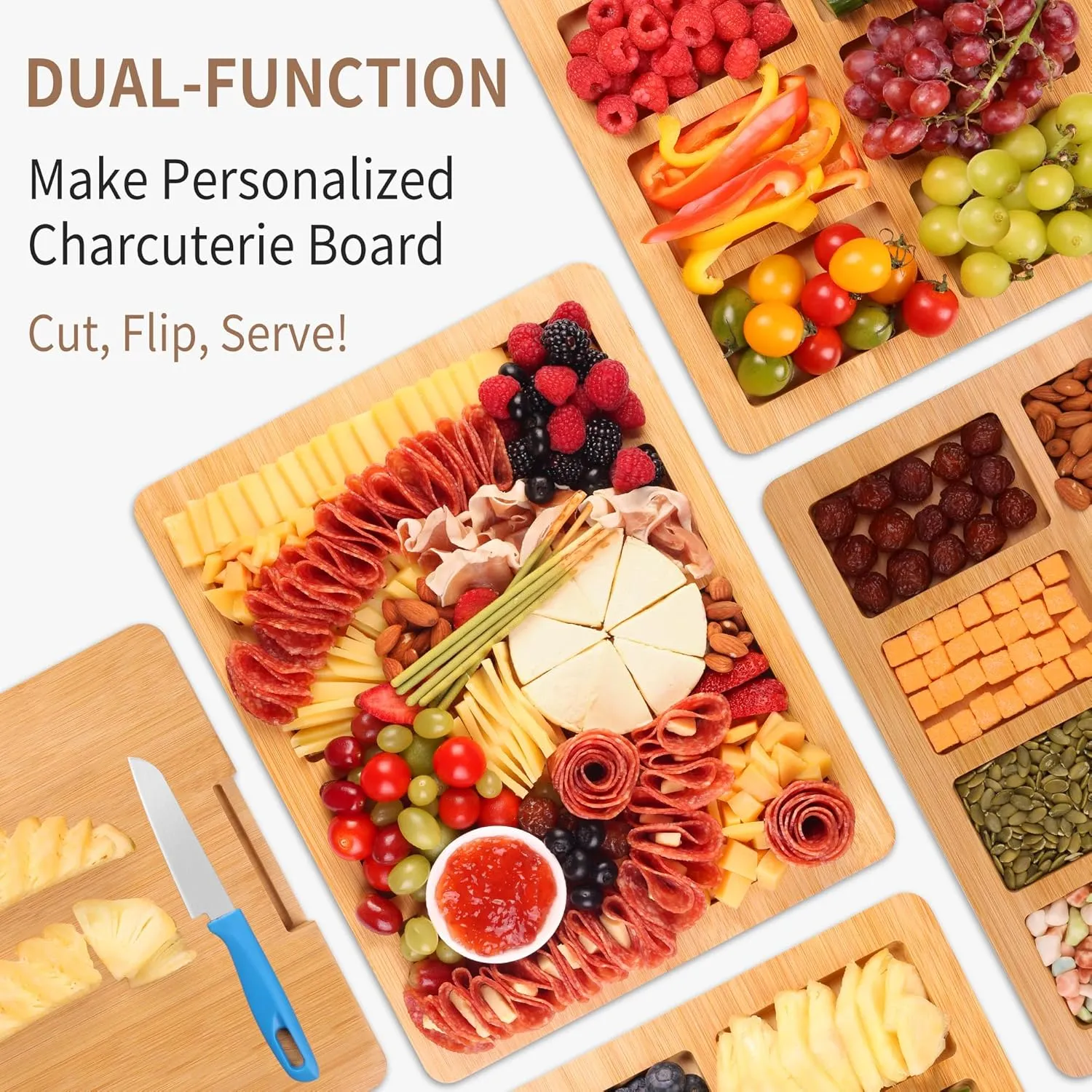 Charcuterie Board with Lid and Handle - Portable Travel Design Bamboo Cheese Board Set with 4 Cheese Tools, Gift for Housewarming, Weddings, Picnics(8 Compartments, White)