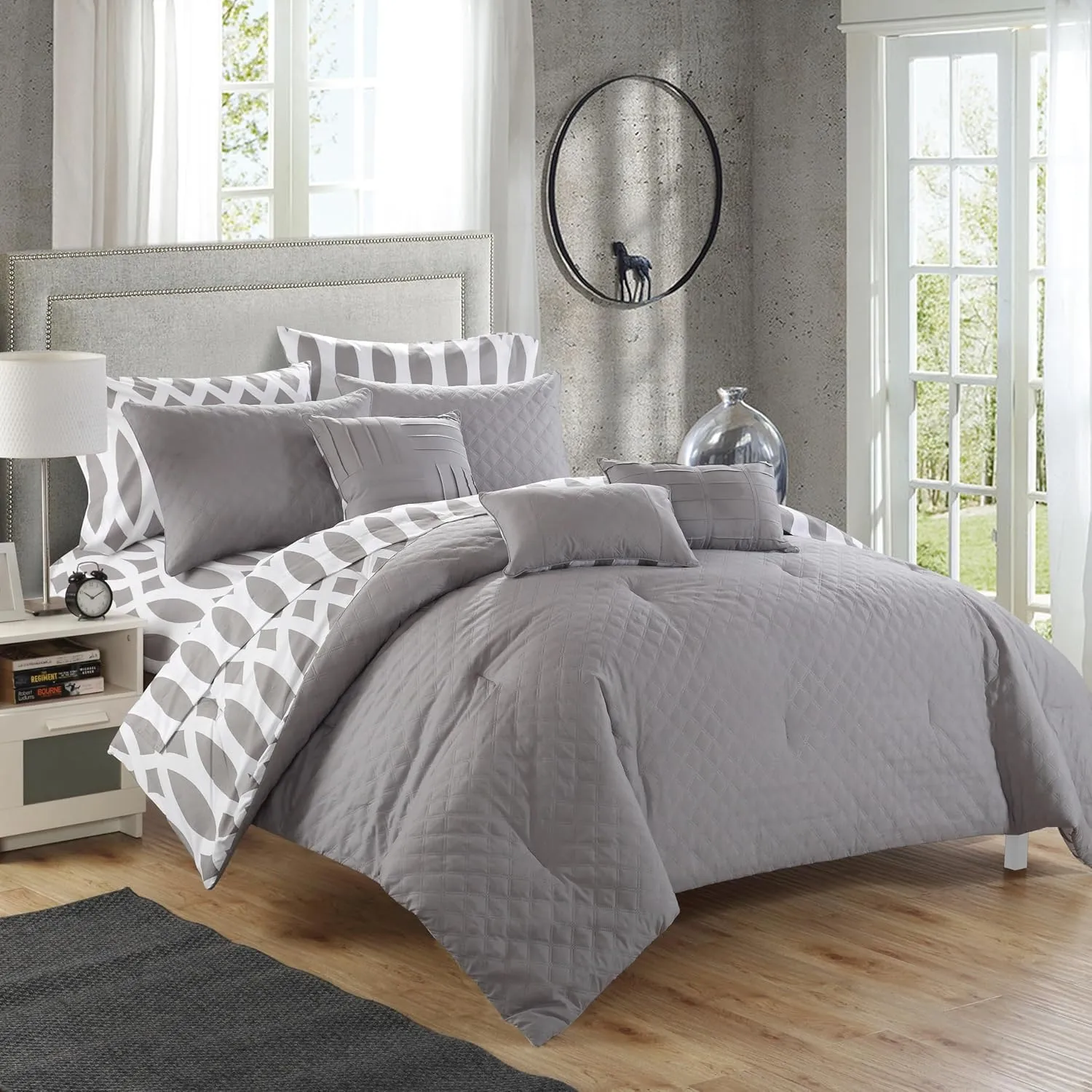 Chic Home Holland Reversible Comforter Bag Contemporary Diamond Embroidered Quilted Pattern Print Complete Bedding Set-Sheets Decorative Pillows Shams Included, Queen, Grey