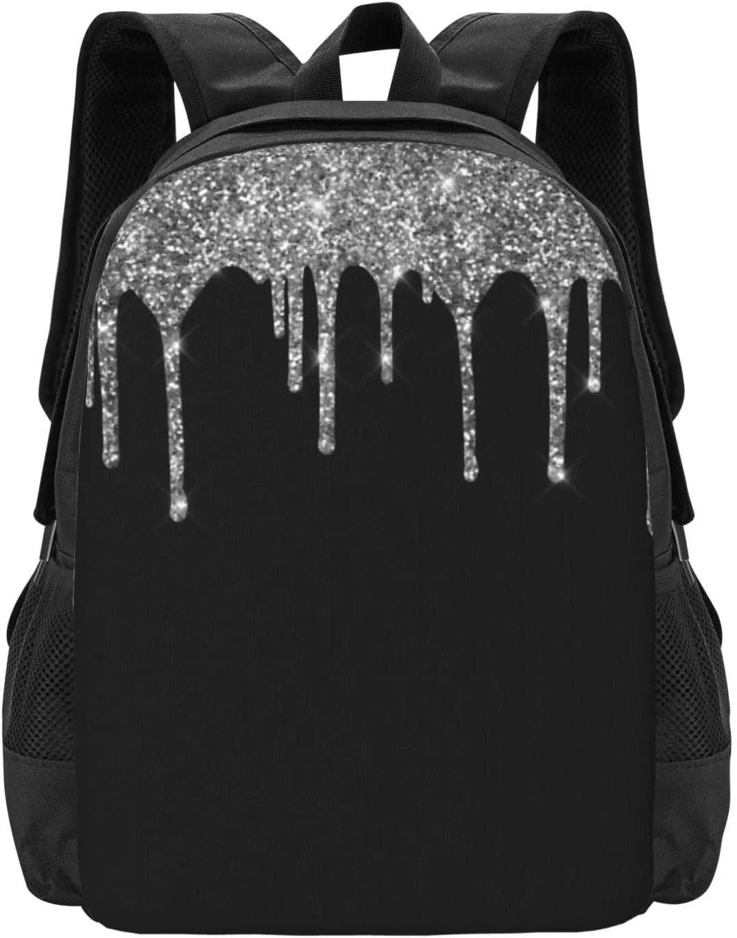 Chic Silver Glitter Drips Sparkle Black Minimalist Large Backpack – 15”Laptop Backpack, Lightweight Travel & Work Bag With Ergonomic Straps