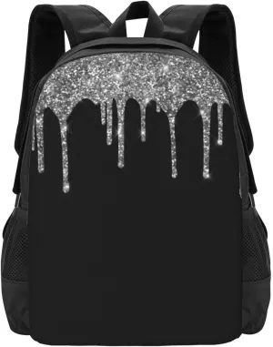 Chic Silver Glitter Drips Sparkle Black Minimalist Large Backpack – 15”Laptop Backpack, Lightweight Travel & Work Bag With Ergonomic Straps