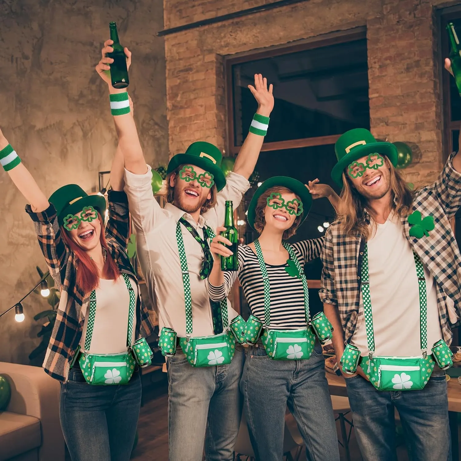 Chunful 10 Pcs St. Patrick's Day Fanny Pack Shamrocks Belt Bag Fanny Pack with Suspenders Drink Holder Headband Wristband