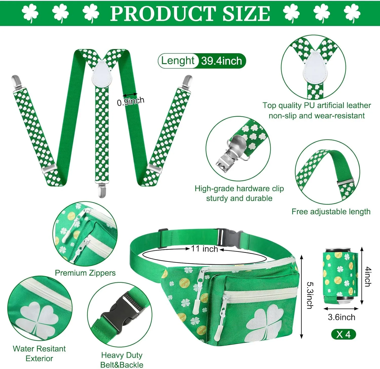 Chunful 10 Pcs St. Patrick's Day Fanny Pack Shamrocks Belt Bag Fanny Pack with Suspenders Drink Holder Headband Wristband