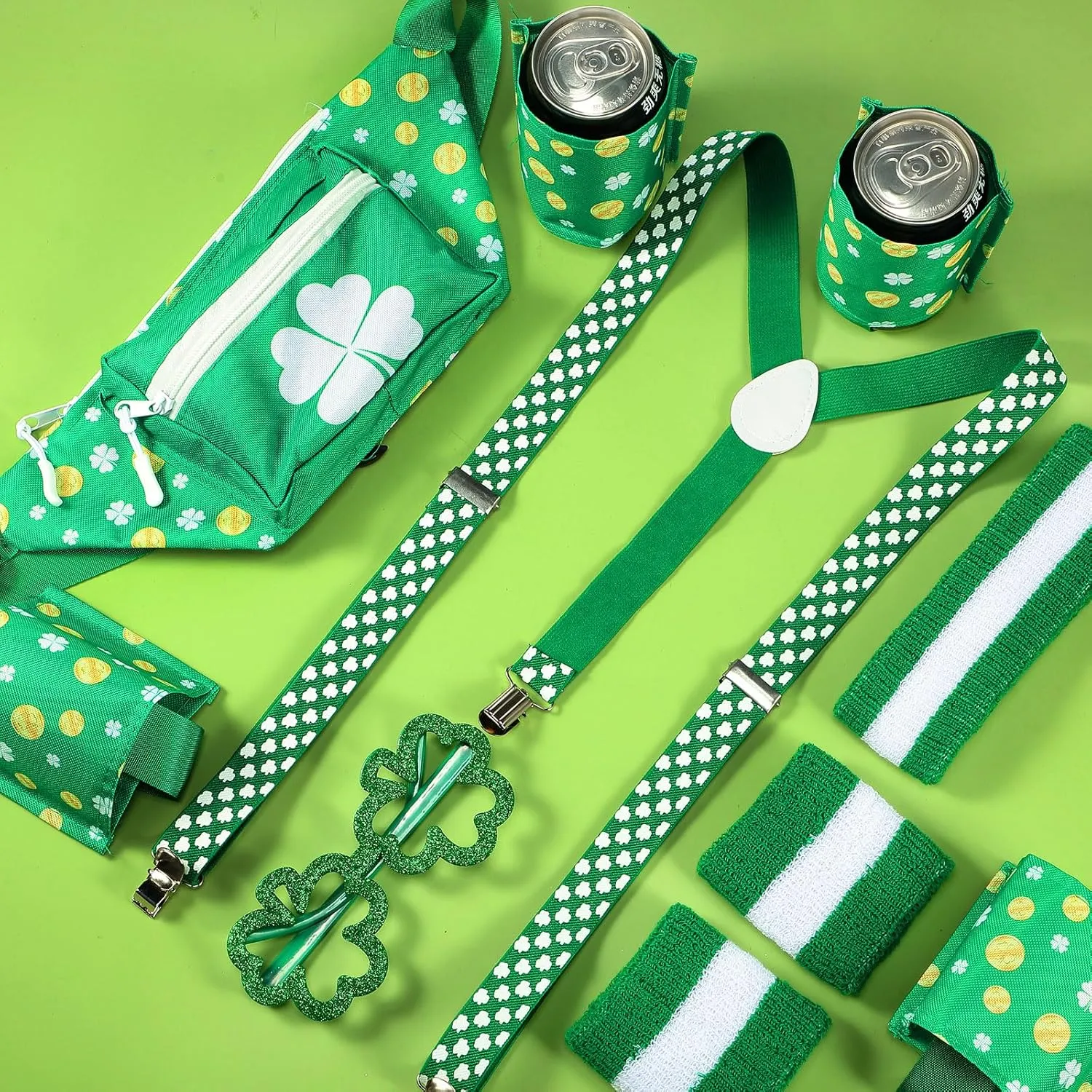 Chunful 10 Pcs St. Patrick's Day Fanny Pack Shamrocks Belt Bag Fanny Pack with Suspenders Drink Holder Headband Wristband