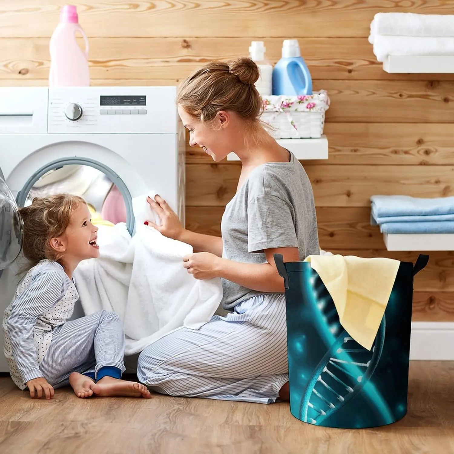 Collapsible Laundry Hamper Waterproof Drawstring Laundry Basket Space-Saving Foldable Science Gene Strand Dirty Clothes Hamper for Home Dorm & Travel