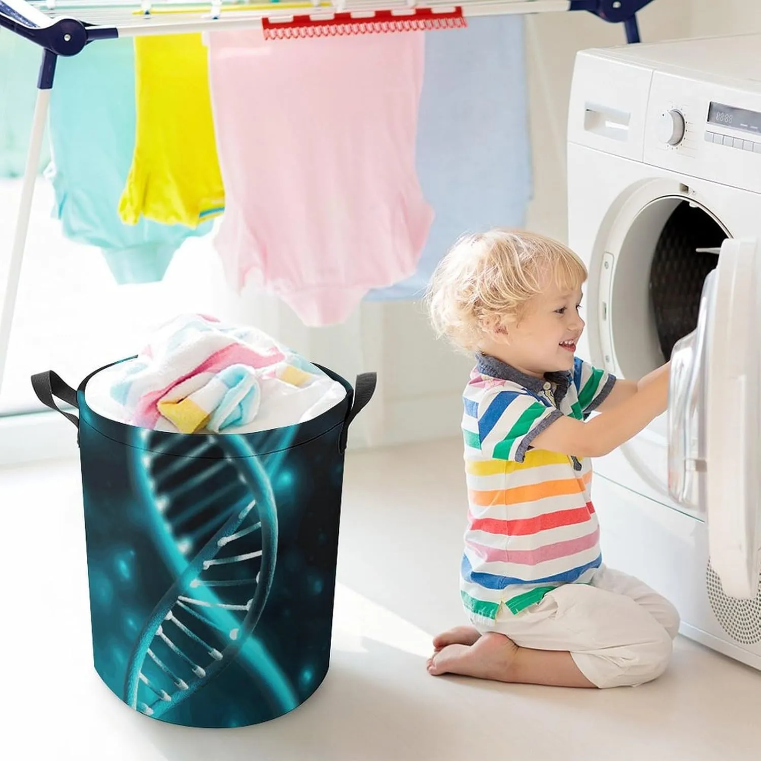 Collapsible Laundry Hamper Waterproof Drawstring Laundry Basket Space-Saving Foldable Science Gene Strand Dirty Clothes Hamper for Home Dorm & Travel