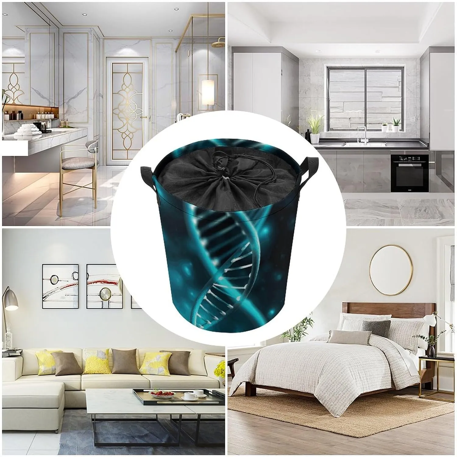 Collapsible Laundry Hamper Waterproof Drawstring Laundry Basket Space-Saving Foldable Science Gene Strand Dirty Clothes Hamper for Home Dorm & Travel