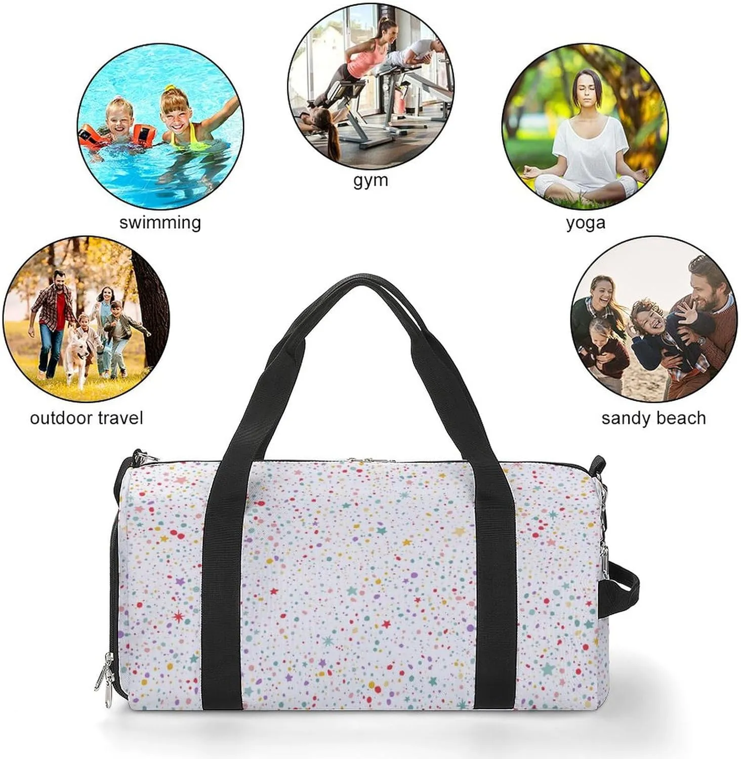 Colorful Dots And Stars Fitness Large Gym Bag for Unisex with Shoe Compartment & Wet Pocket