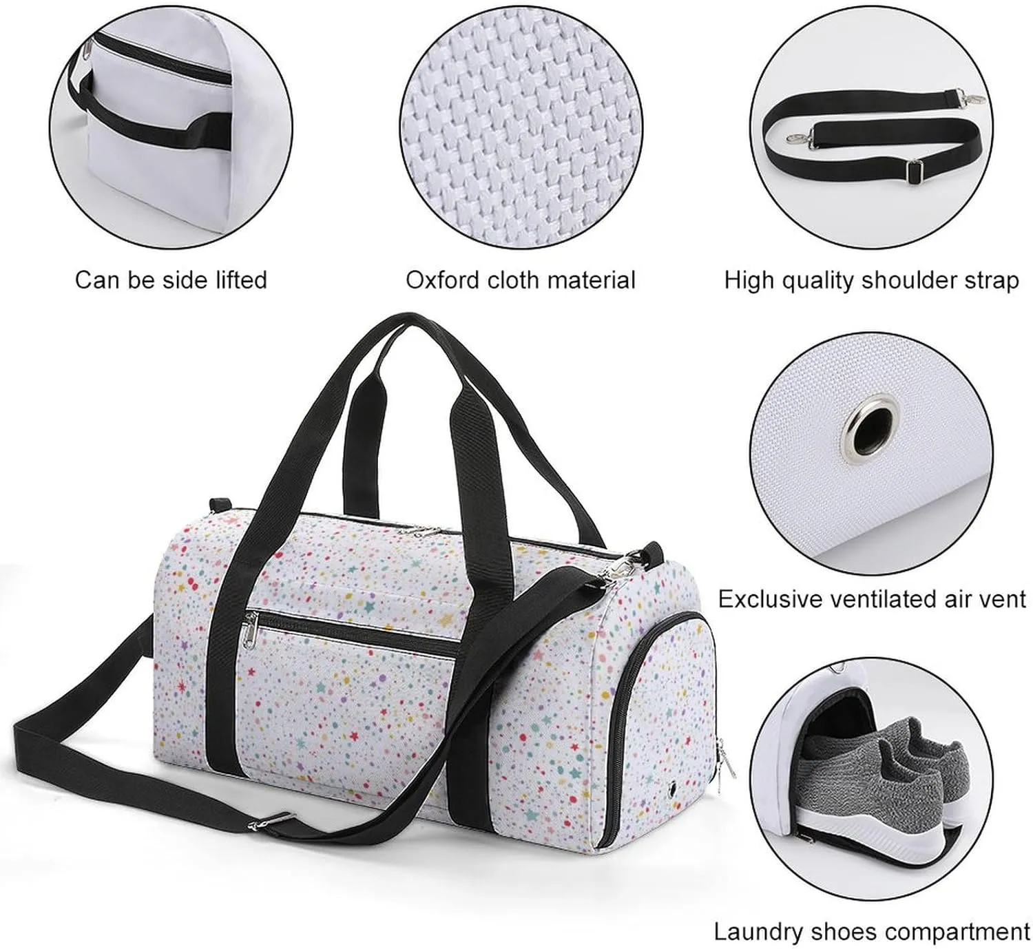 Colorful Dots And Stars Fitness Large Gym Bag for Unisex with Shoe Compartment & Wet Pocket