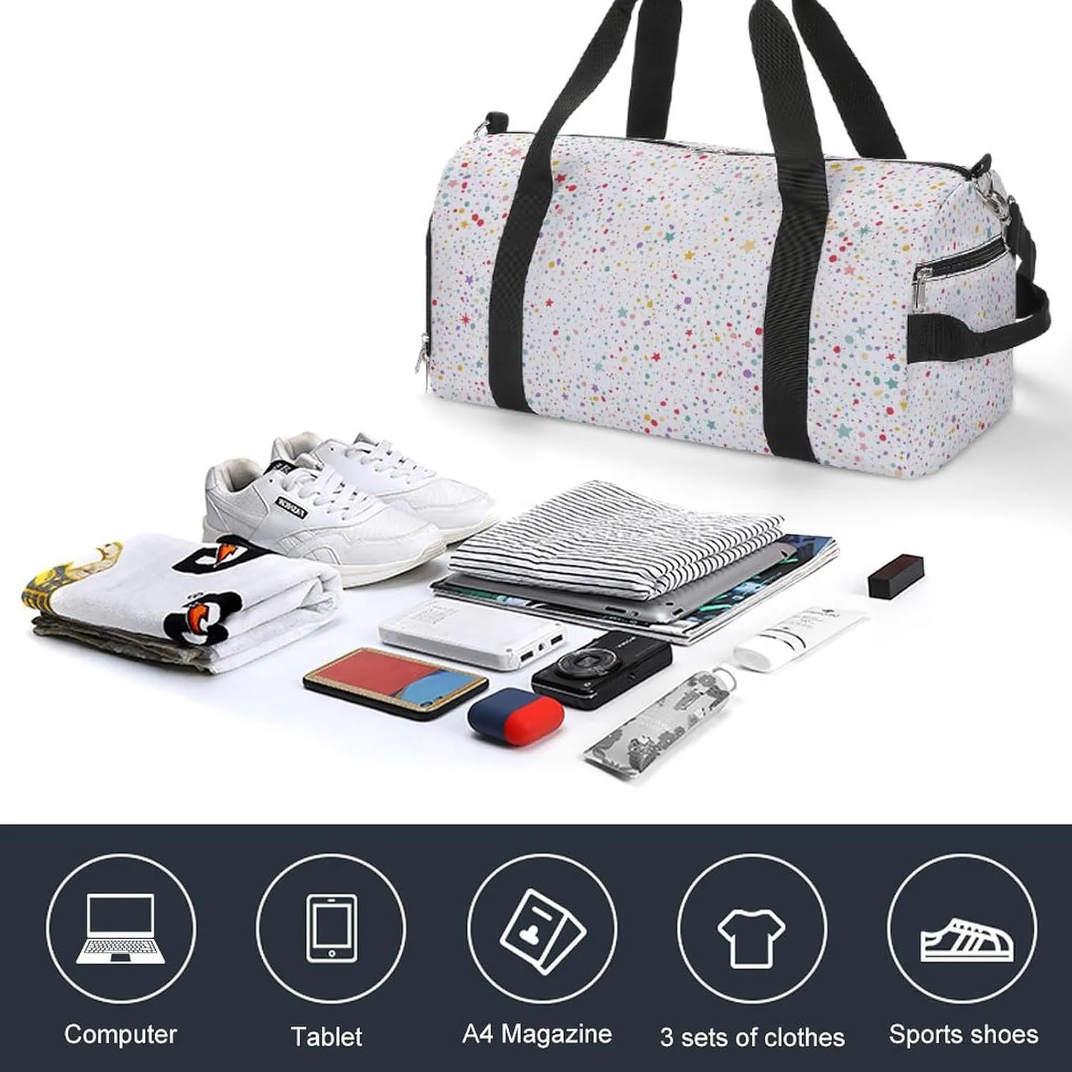 Colorful Dots And Stars Fitness Large Gym Bag for Unisex with Shoe Compartment & Wet Pocket