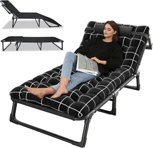 Cots for Sleeping with Mattress, Sleep Cots for Adults, Adjustable 4-Fold Guest Bed, Folding Camping Bed, Outdoor Lounge Chair, Sleeping Cots for Sunbathing, Camping, Pool, Beach, Patio Black