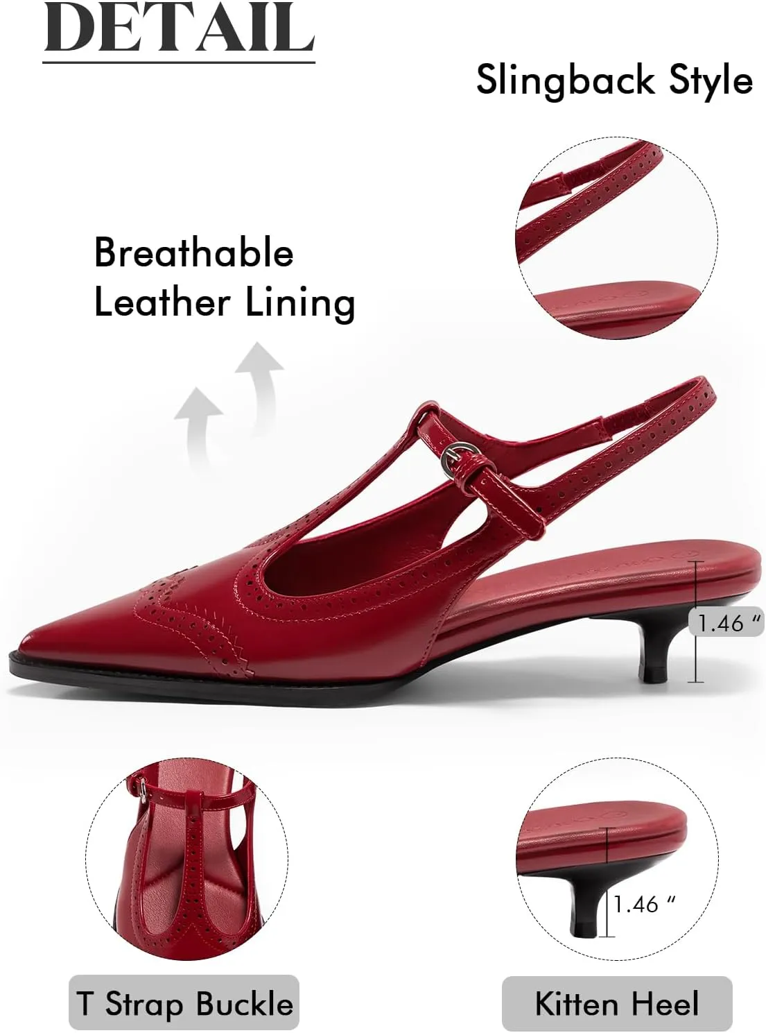 Coutgo Womens Slingback Kitten Heels Oxford T Strap Pumps Low Heel Closed Pointed Toe Vintage Dress Shoes