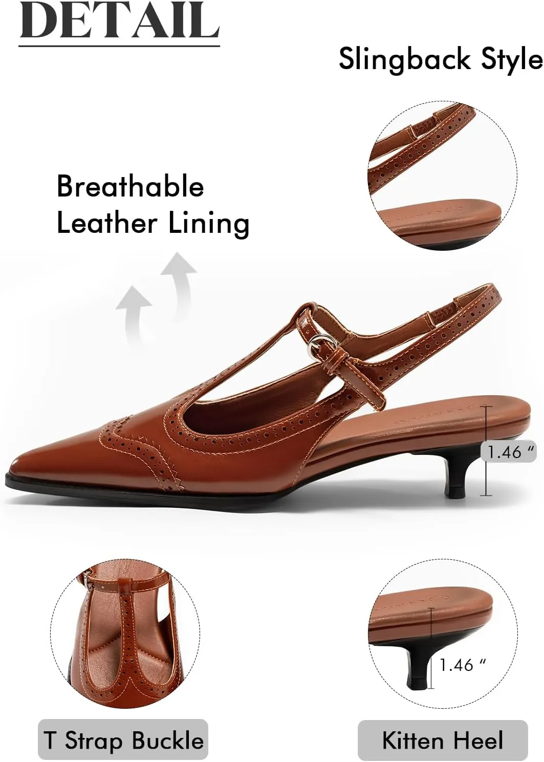 Coutgo Womens Slingback Kitten Heels Oxford T Strap Pumps Low Heel Closed Pointed Toe Vintage Dress Shoes