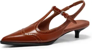 Coutgo Womens Slingback Kitten Heels Oxford T Strap Pumps Low Heel Closed Pointed Toe Vintage Dress Shoes