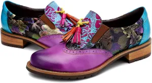 CrazycatZ Women's Leather Oxford Shoes Perforated Lace up Wingtip Colorful Leather Oxfords Vintage