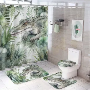 Crocodile Green 4-Piece Shower Curtain Set with Shower Curtain and Rugs Modern Bathroom Curtains Bath Accessories with Mats Toilet Lid Cover and 12 Hooks