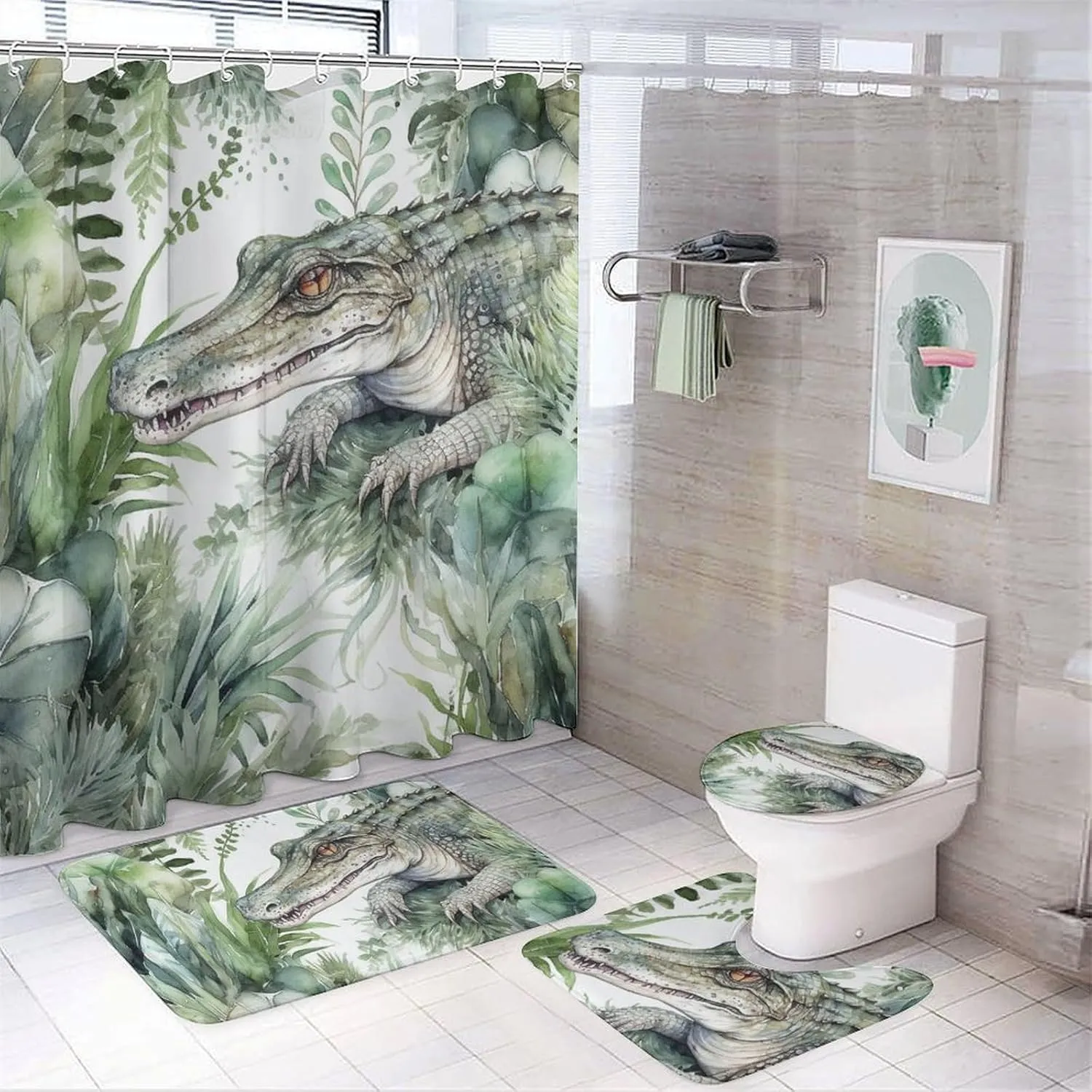 Crocodile Green 4-Piece Shower Curtain Set with Shower Curtain and Rugs Modern Bathroom Curtains Bath Accessories with Mats Toilet Lid Cover and 12 Hooks