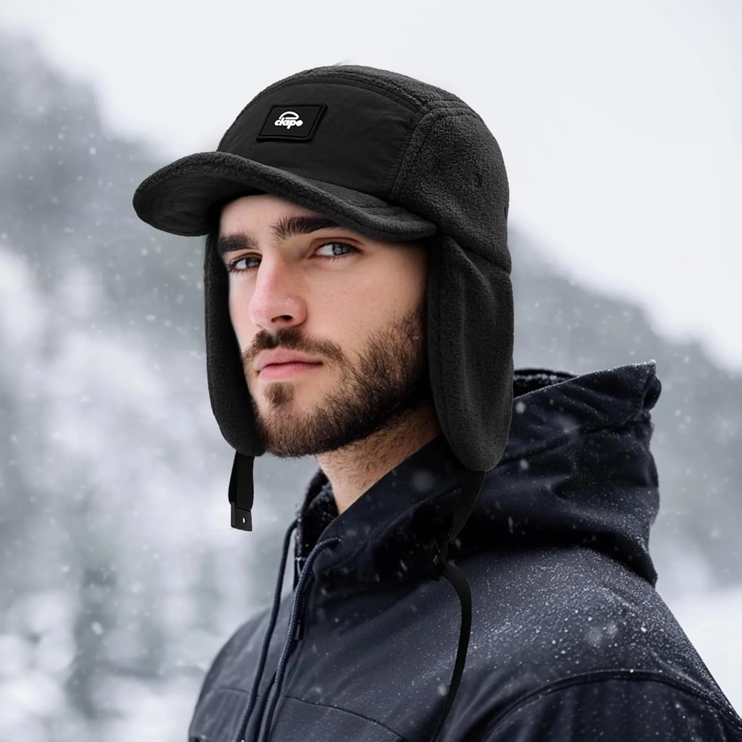 Croogo Earflaps Baseball Cap Winter Trapper Hats for Men Warm Trooper Visor Hat 5 Panel Flat Bill Caps Snow Eskimo Hat