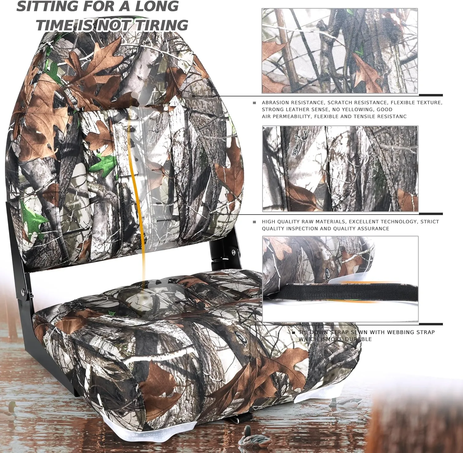 Deluxe Camo High Back Folding Fishing Boat Seat,Stainless Steel Screws Included
