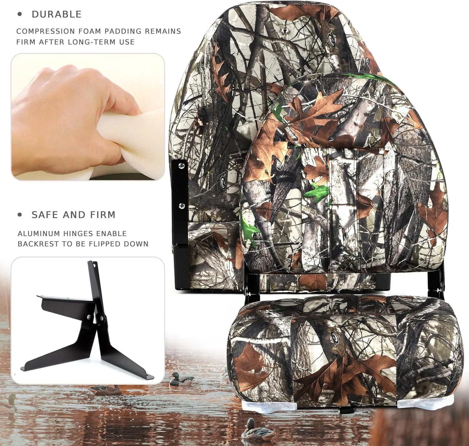 Deluxe Camo High Back Folding Fishing Boat Seat,Stainless Steel Screws Included