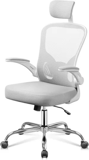 DEVAISE Office Chair High Back Mesh Ergonomic Desk Chair with Flip-up Armrests, Adjustable Headrest and Lumbar Support, White
