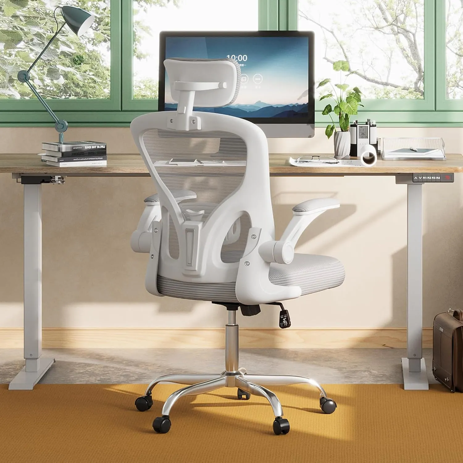 DEVAISE Office Chair High Back Mesh Ergonomic Desk Chair with Flip-up Armrests, Adjustable Headrest and Lumbar Support, White