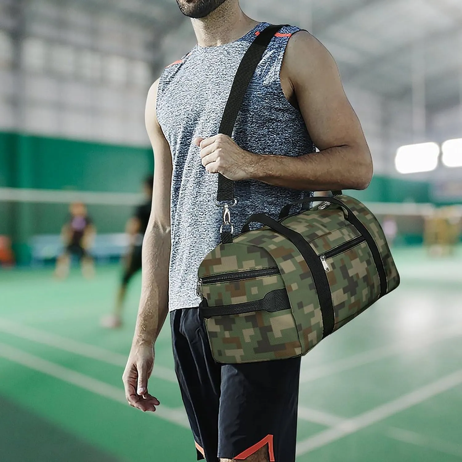 Digital Green Camouflage Fitness Large Gym Bag for Unisex with Shoe Compartment & Wet Pocket